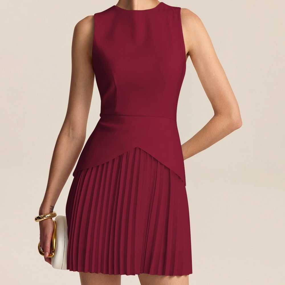 Commense Elegant Sleeveless Burgundy Pleated Hem Mini Dress